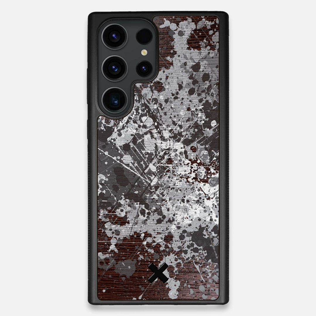 Front view of the aggressive, monochromatic splatter pattern overprintedprinted Wenge Wood Galaxy S23 Ultra Case by Keyway Designs