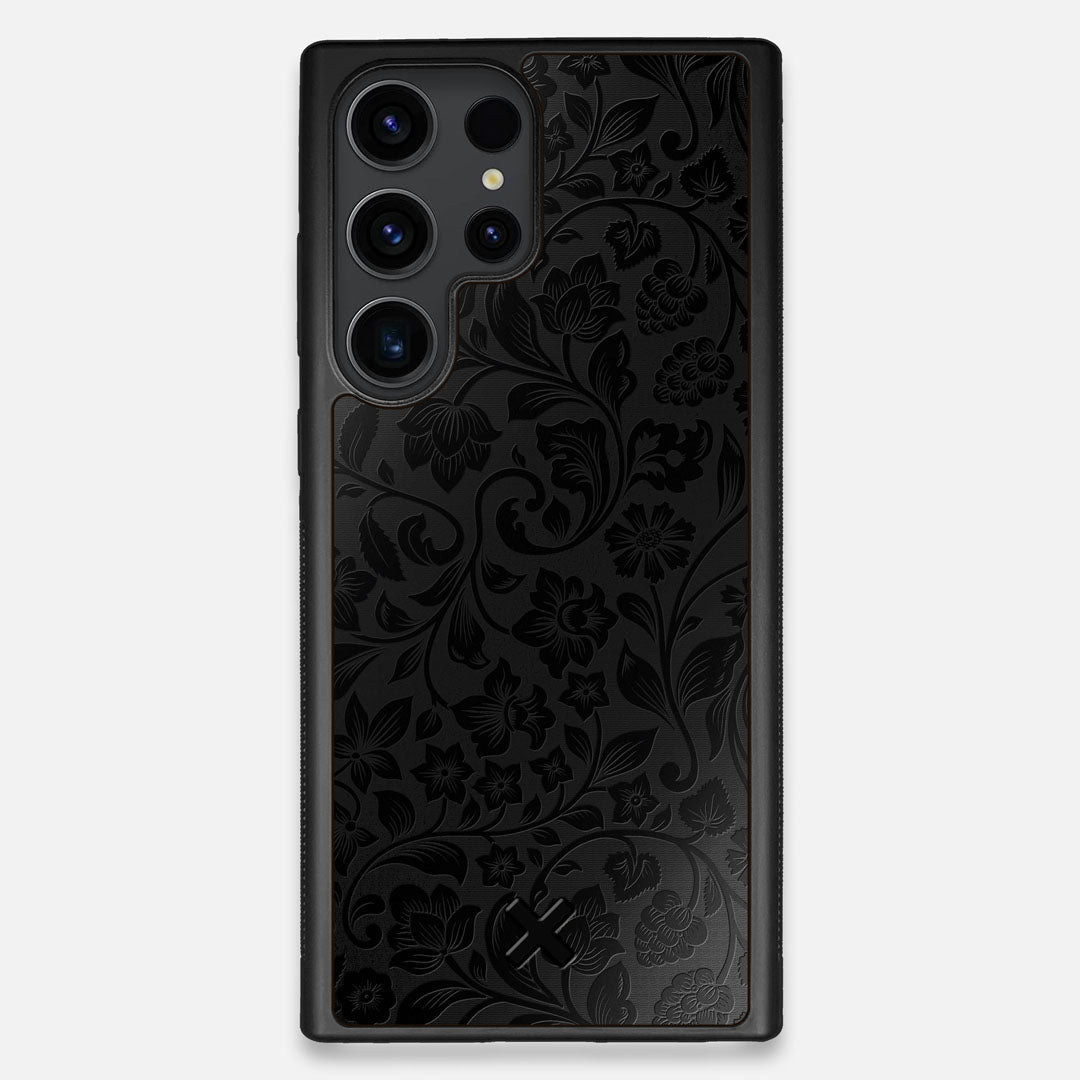 Front view of the highly detailed midnight floral engraving on matte black impact acrylic Galaxy S23 Ultra Case by Keyway Designs