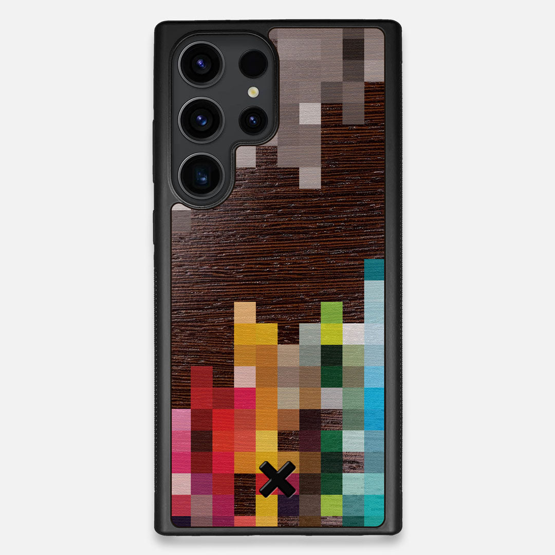 Front view of the digital art inspired pixelation design on Wenge wood Galaxy S23 Ultra Case by Keyway Designs