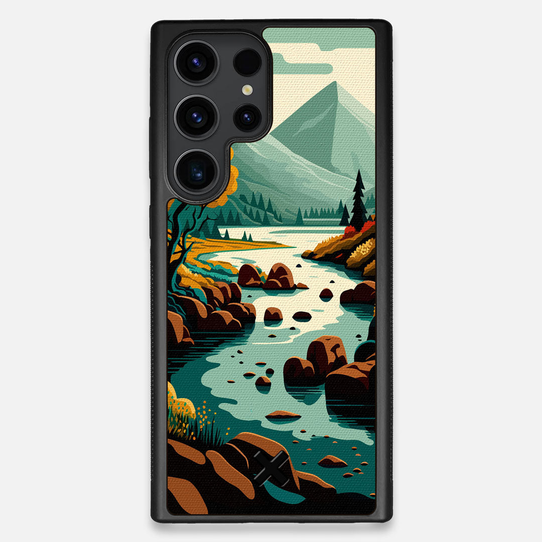 Front view of the stylized calm river flowing towards a lake at the base of the mountains printed to cotton canvas Galaxy S23 Ultra Case by Keyway Designs