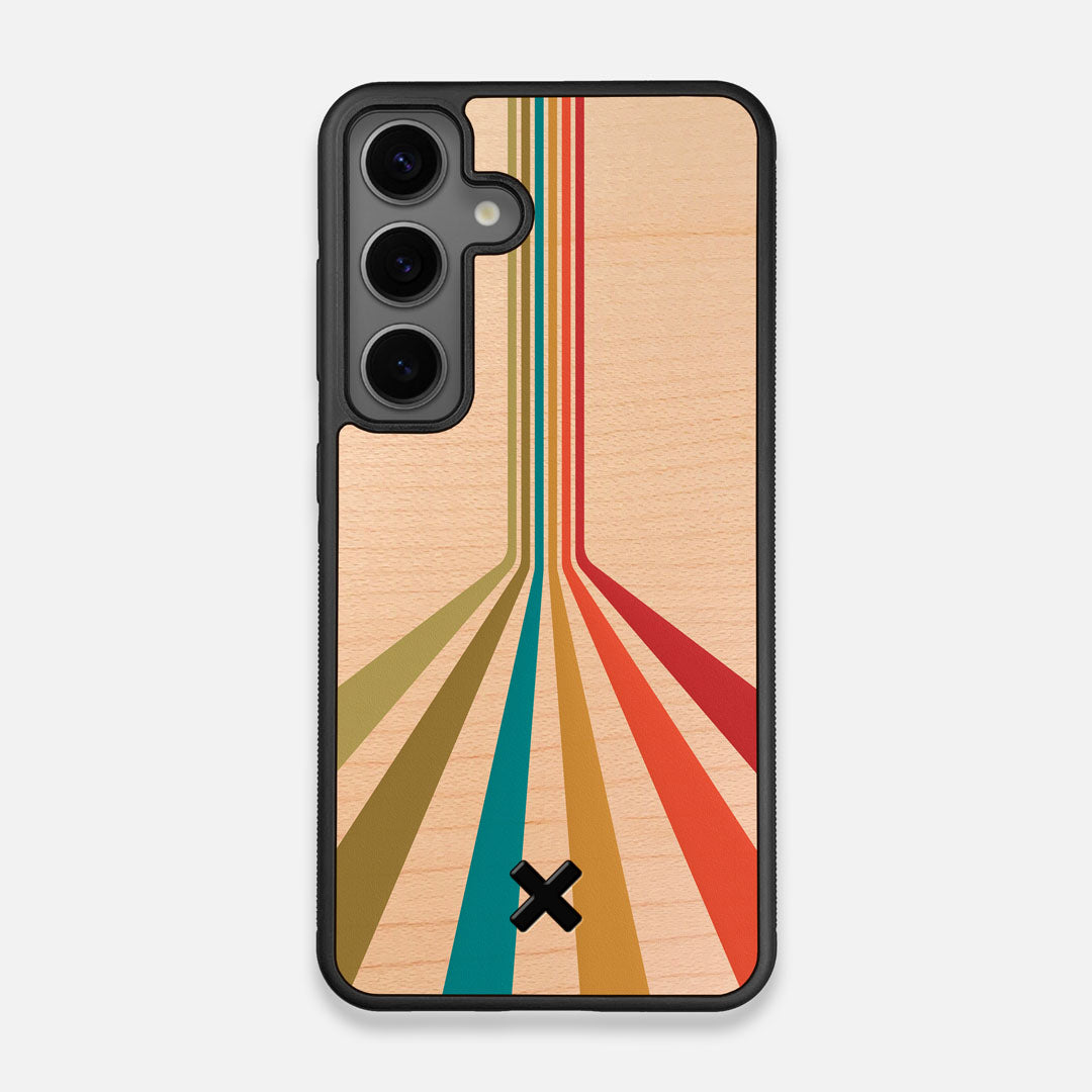 Front view of the array of colour beams splitting across the case printed on Maple wood Galaxy S24 Case by Keyway Designs