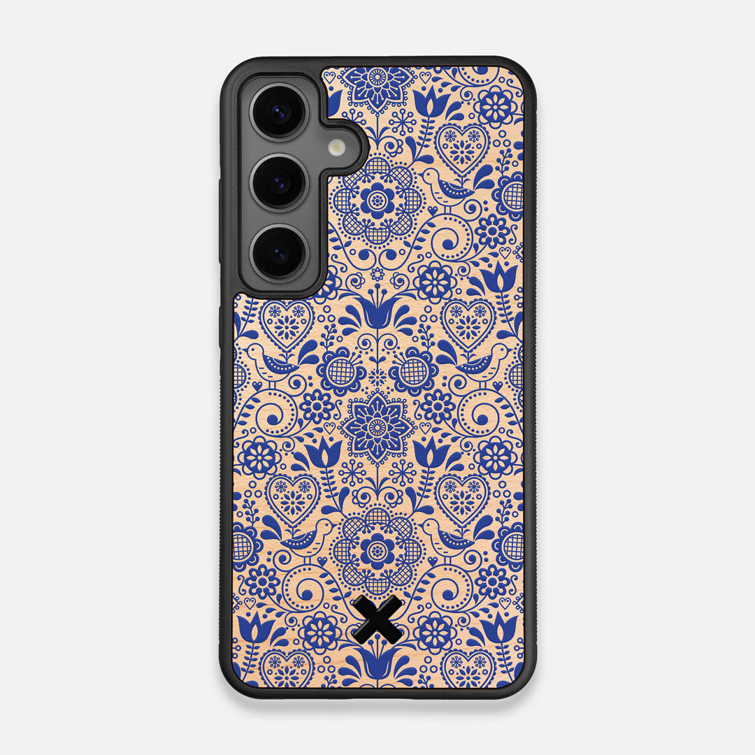 Front view of the blue floral pattern on maple wood Galaxy S24 Case by Keyway Designs