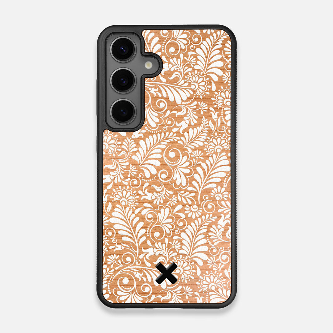 Front view of the white ink flowing botanical print on Cherry wood Galaxy S24 Case by Keyway Designs
