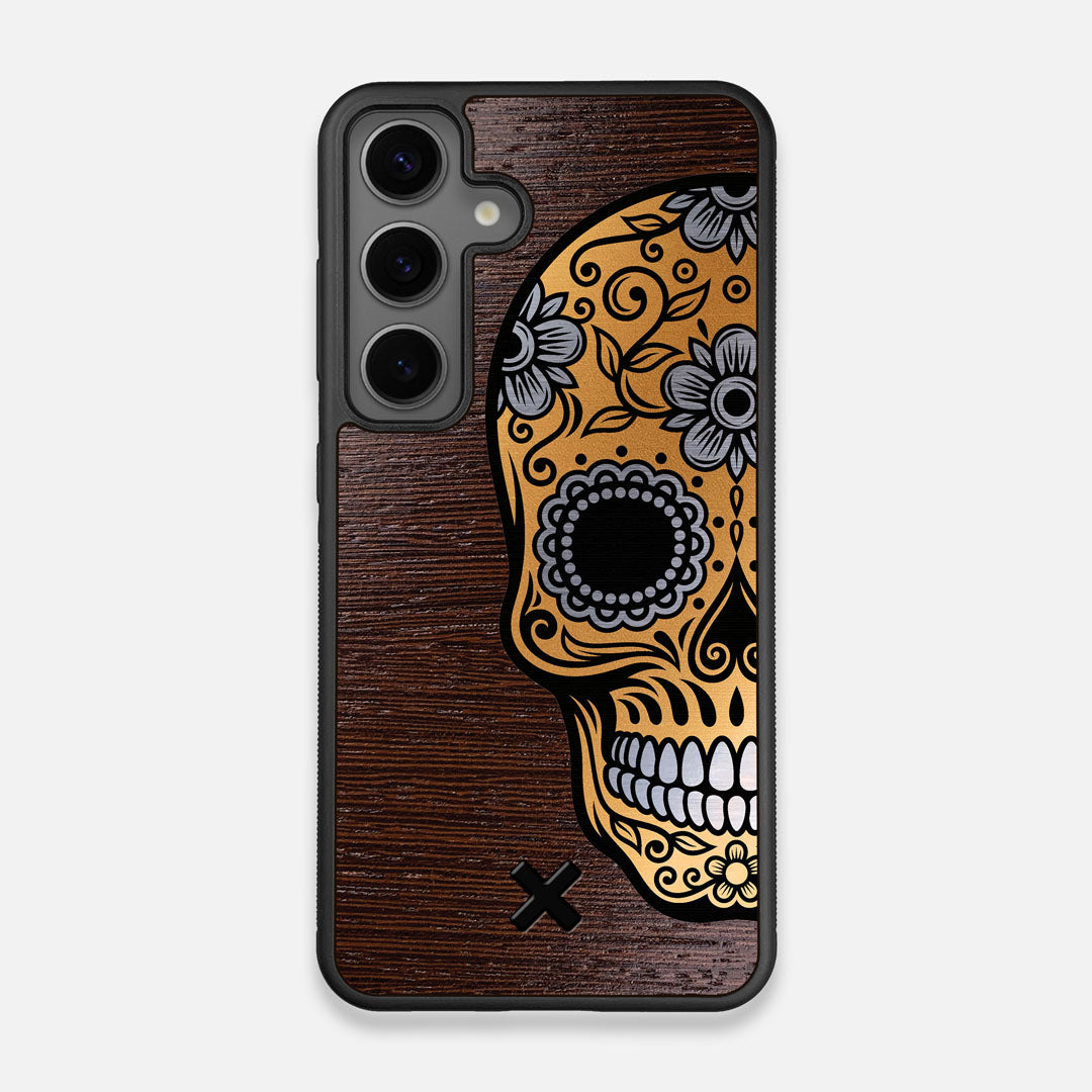 Front view of the Calavera Wood Sugar Skull Wood Galaxy S24 Case by Keyway Designs