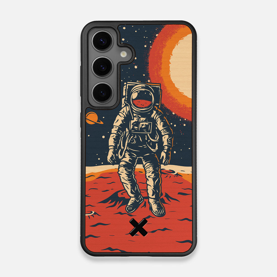 Front view of the stylized astronaut space-walk print on Cherry wood Galaxy S24 Case by Keyway Designs