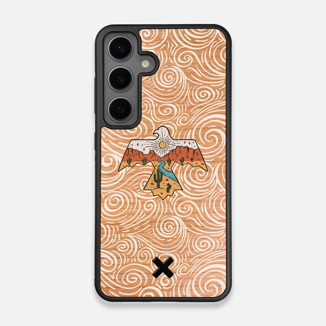 Front view of the double-exposure style eagle over flowing gusts of wind printed on Cherry wood Galaxy S24 Case by Keyway Designs