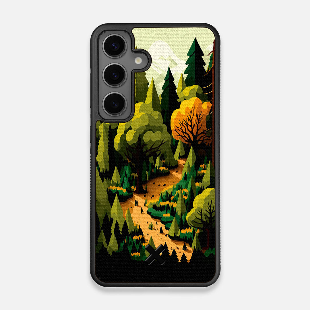 Front view of the stylized quiet forest path making it's way through the evergreen trees printed to cotton canvas Galaxy S24 Case by Keyway Designs