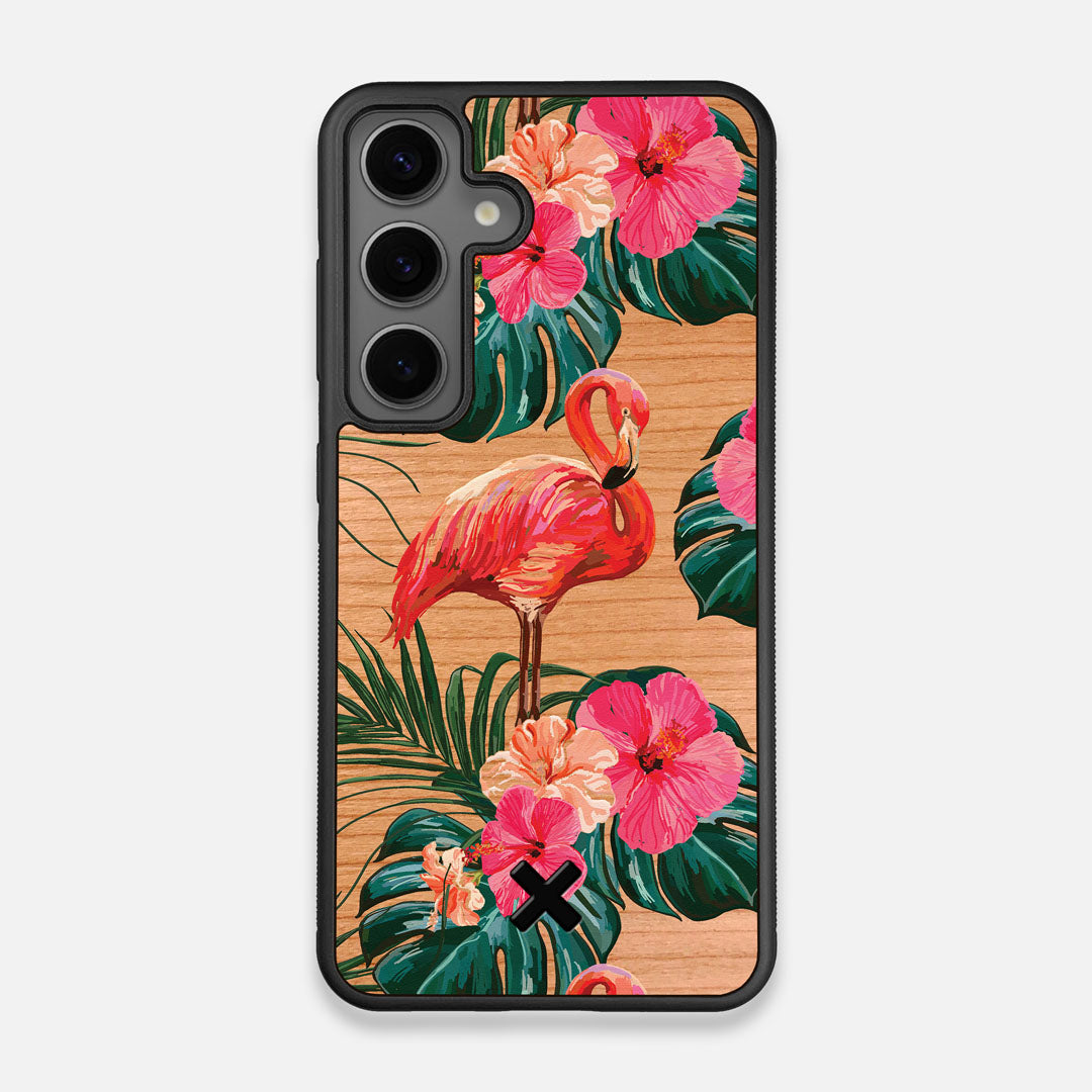 Front view of the Flamingo & Floral printed Cherry Wood Galaxy S24 Case by Keyway Designs