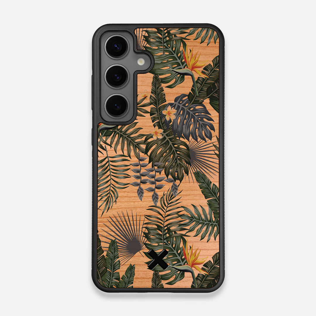 Front view of the Floral tropical leaf printed Cherry Wood Galaxy S24 Case by Keyway Designs
