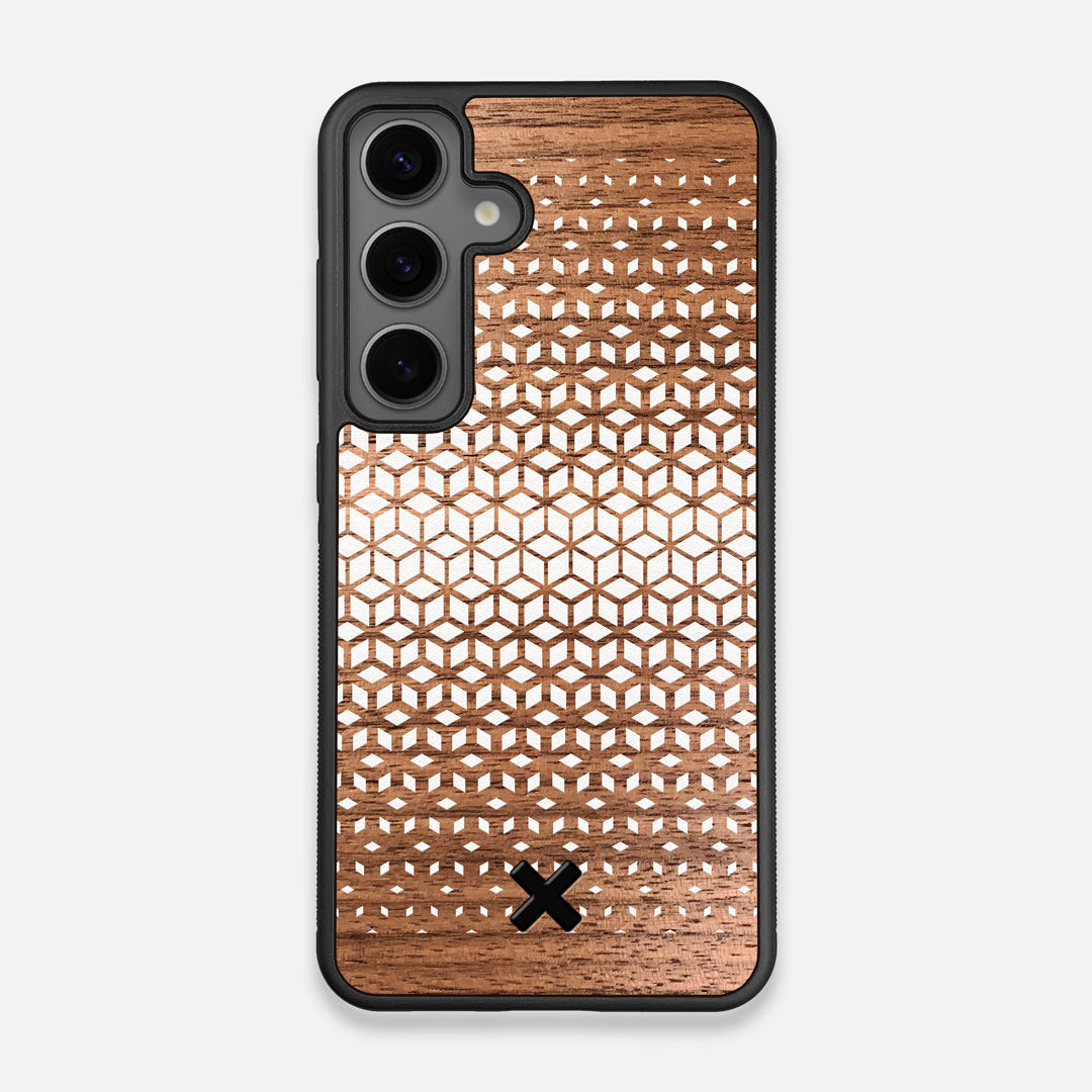 Front view of the white ink geometric gradient printed on Walnut wood Galaxy S24 Case by Keyway Designs