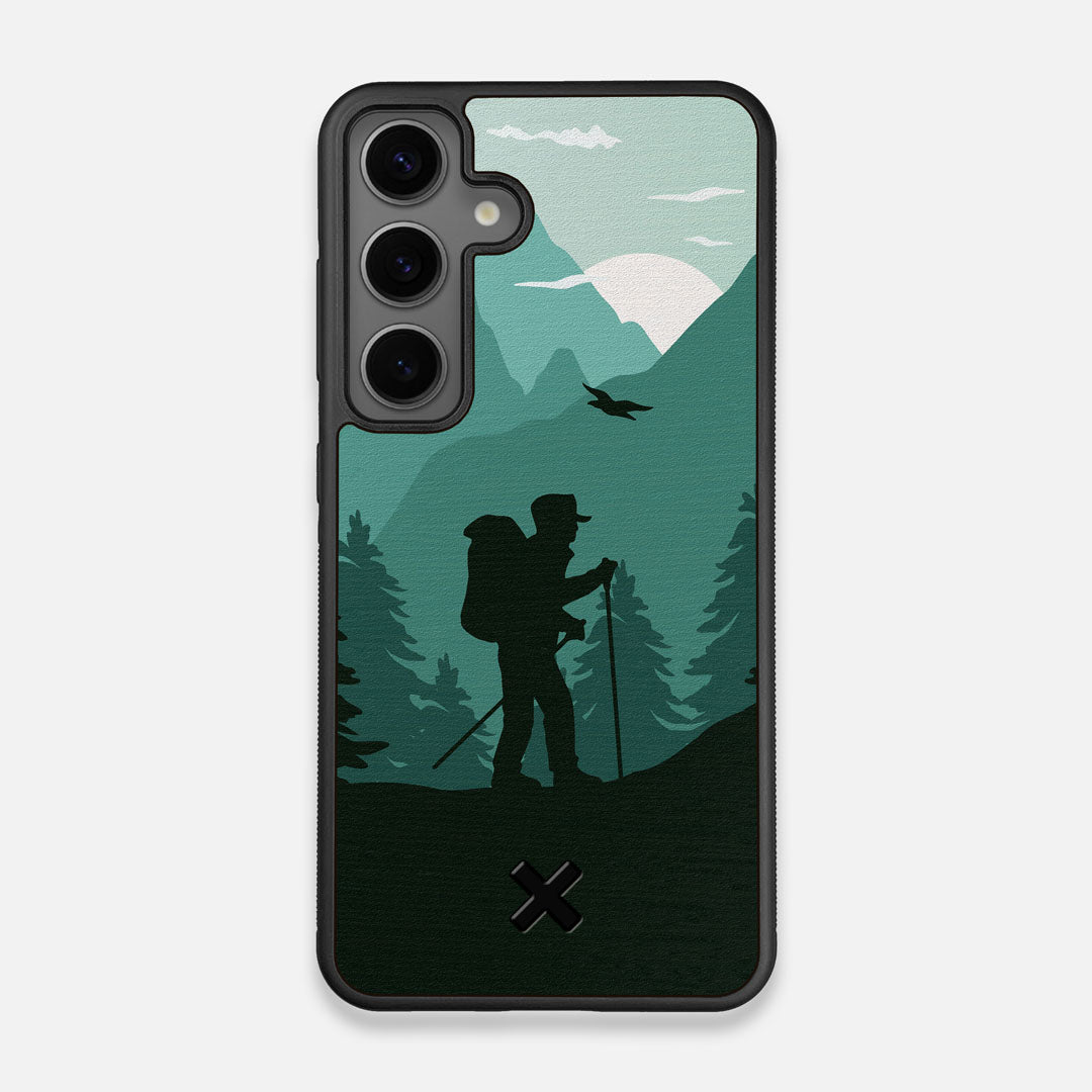 Front view of the stylized mountain hiker print on Wenge wood Galaxy S24 Case by Keyway Designs