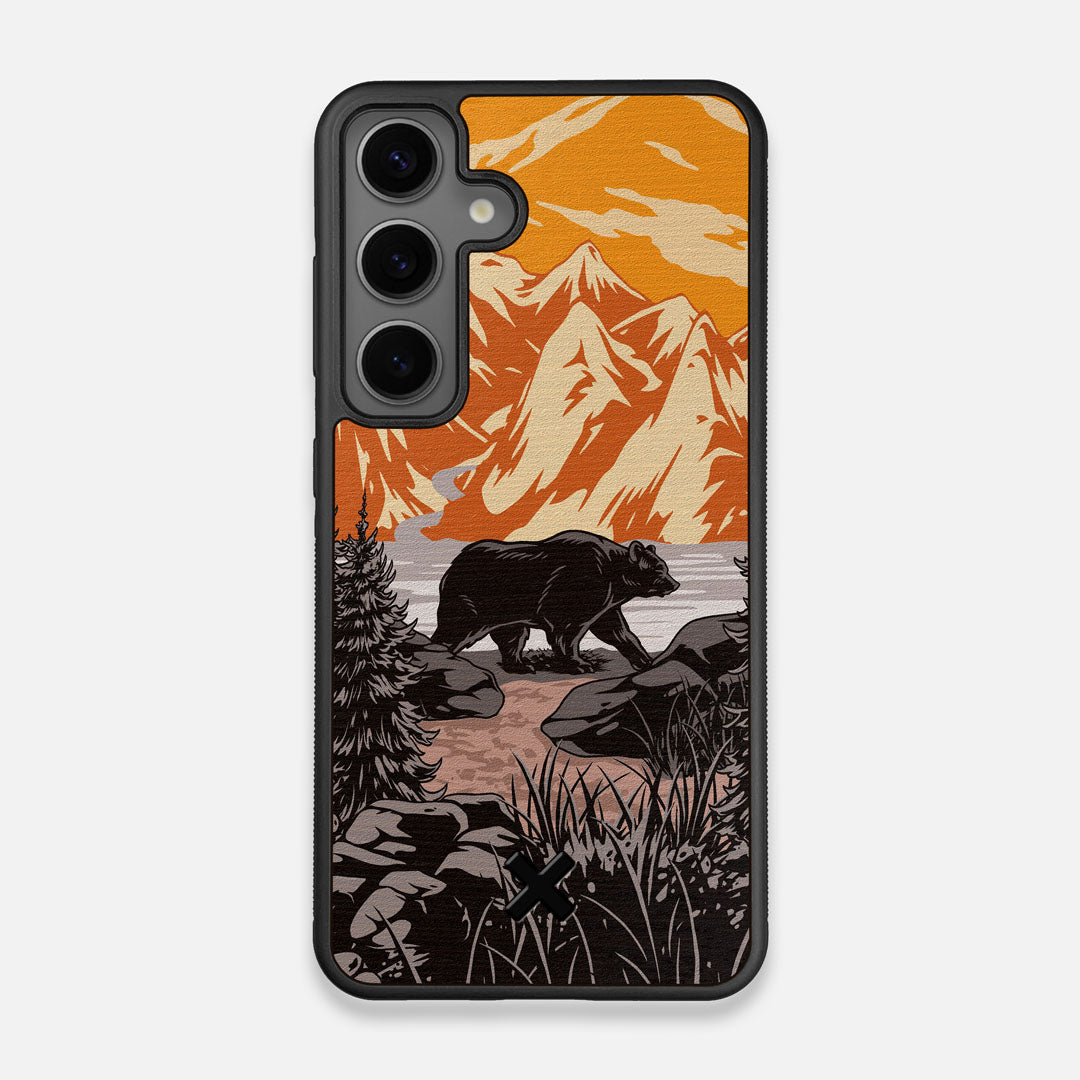 Front view of the stylized Kodiak bear in the mountains print on Wenge wood Galaxy S24 Case by Keyway Designs