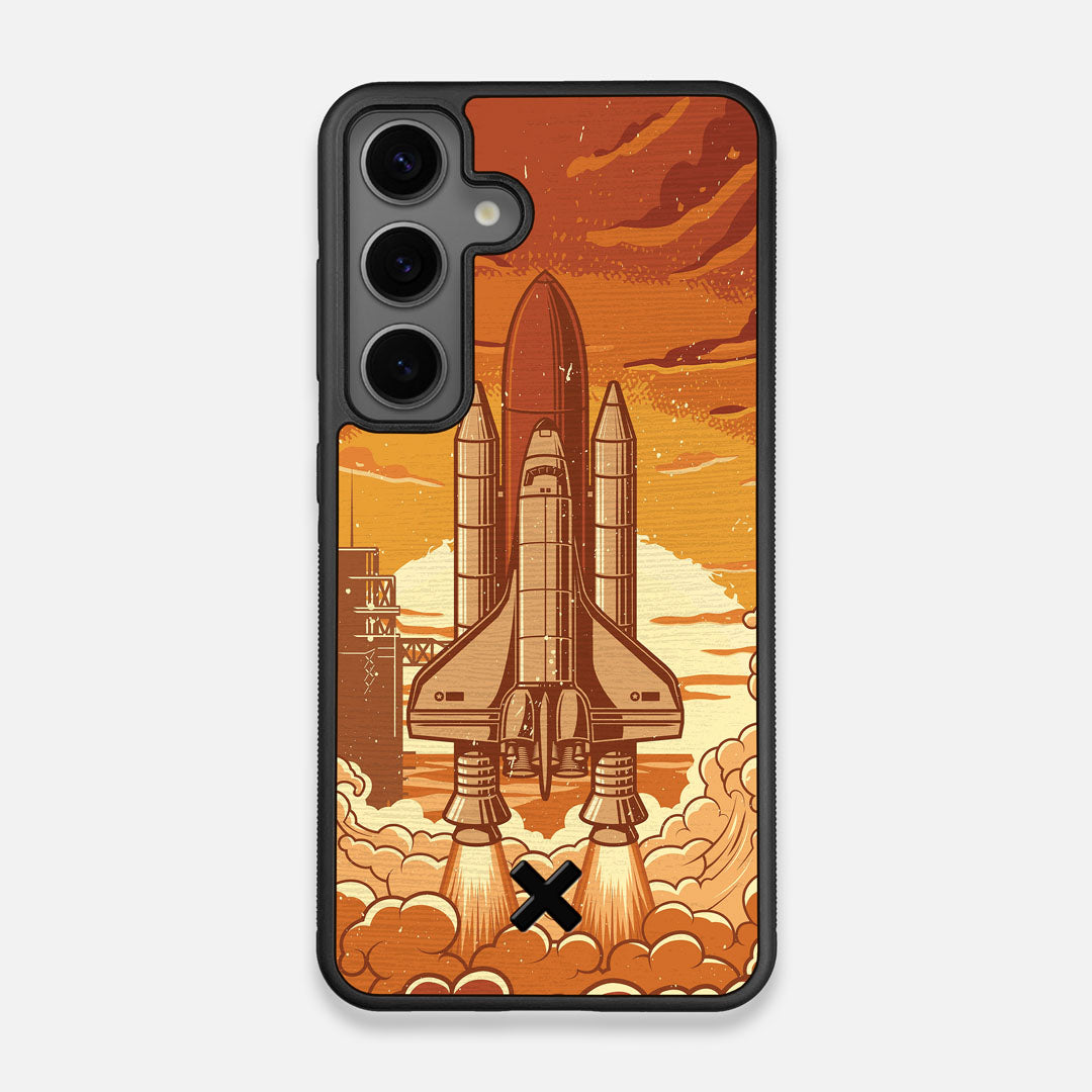 Front view of the vibrant stylized space shuttle launch print on Wenge wood Galaxy S24 Case by Keyway Designs