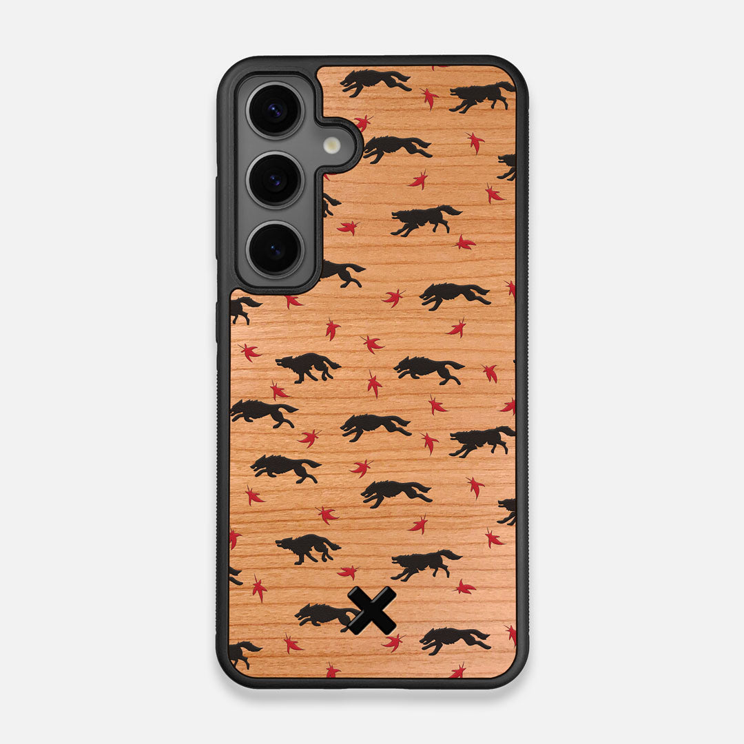 Front view of the unique pattern of wolves and Maple leaves printed on Cherry wood Galaxy S24 Case by Keyway Designs