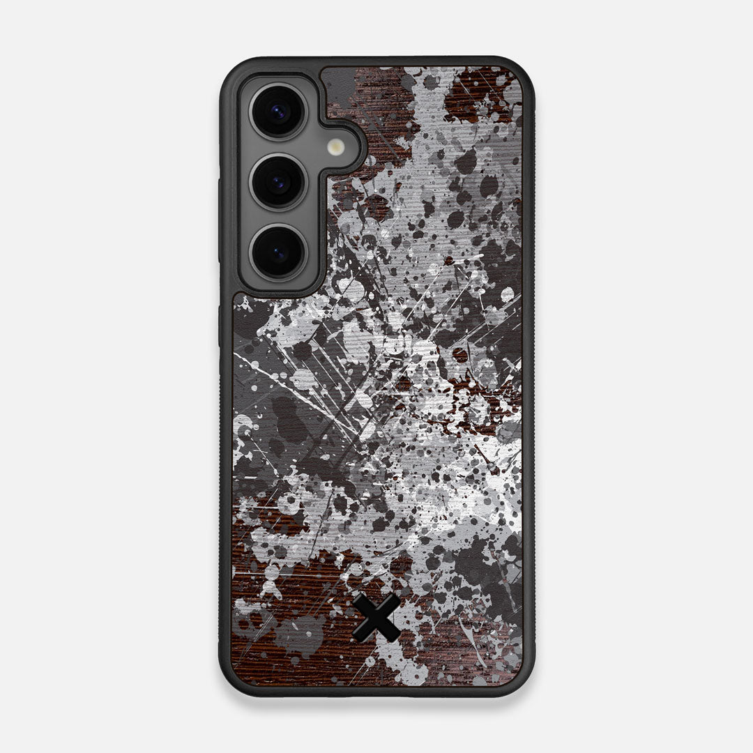 Front view of the aggressive, monochromatic splatter pattern overprintedprinted Wenge Wood Galaxy S24 Case by Keyway Designs