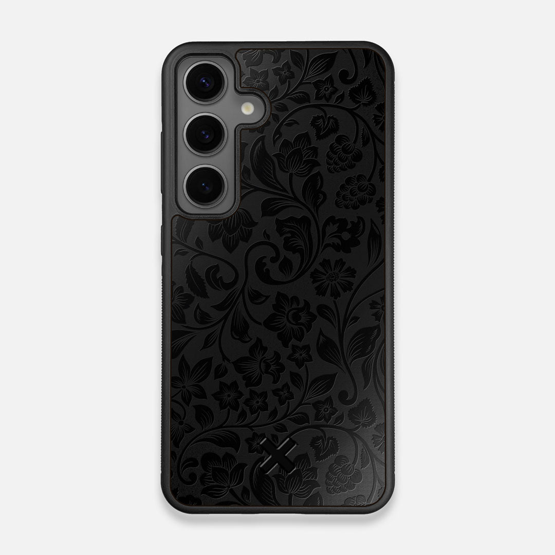 Front view of the highly detailed midnight floral engraving on matte black impact acrylic Galaxy S24 Case by Keyway Designs