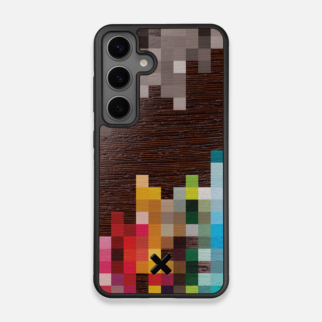 Front view of the digital art inspired pixelation design on Wenge wood Galaxy S24 Case by Keyway Designs