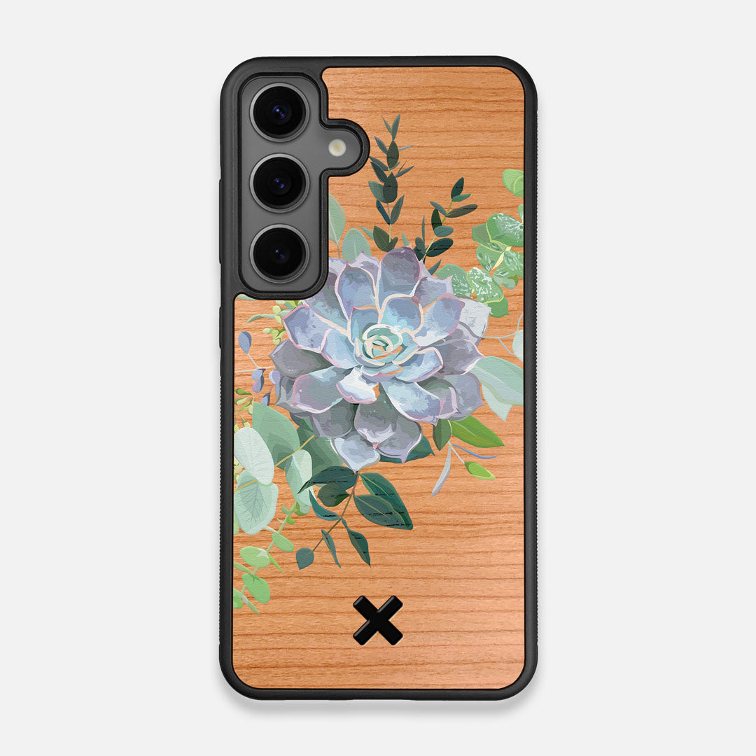 Front view of the print centering around a succulent, Echeveria Pollux on Cherry wood Galaxy S24 Case by Keyway Designs