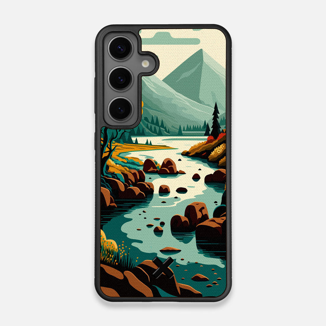 Front view of the stylized calm river flowing towards a lake at the base of the mountains printed to cotton canvas Galaxy S24 Case by Keyway Designs