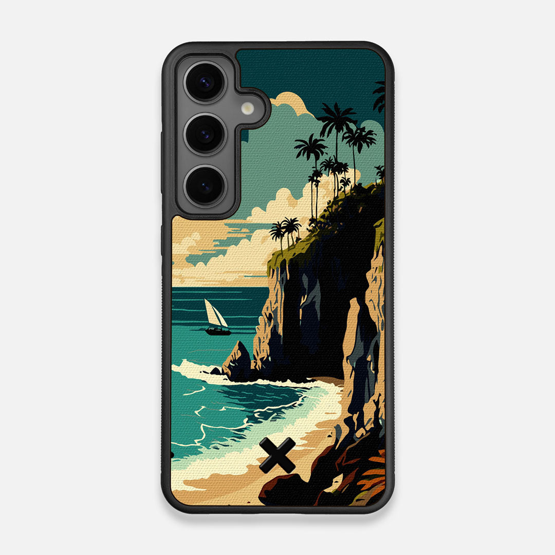 Front view of the stylized seaside bluff with the ocean waves crashing on the shore printed on cotton canvas Galaxy S24 Case by Keyway Designs