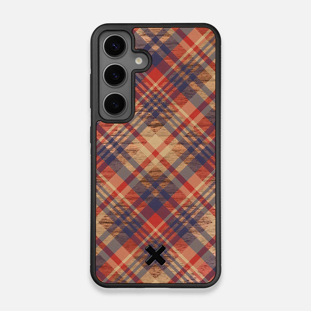 Front view of the Tartan print of beige, blue, and red on Walnut wood Galaxy S24 Case by Keyway Designs