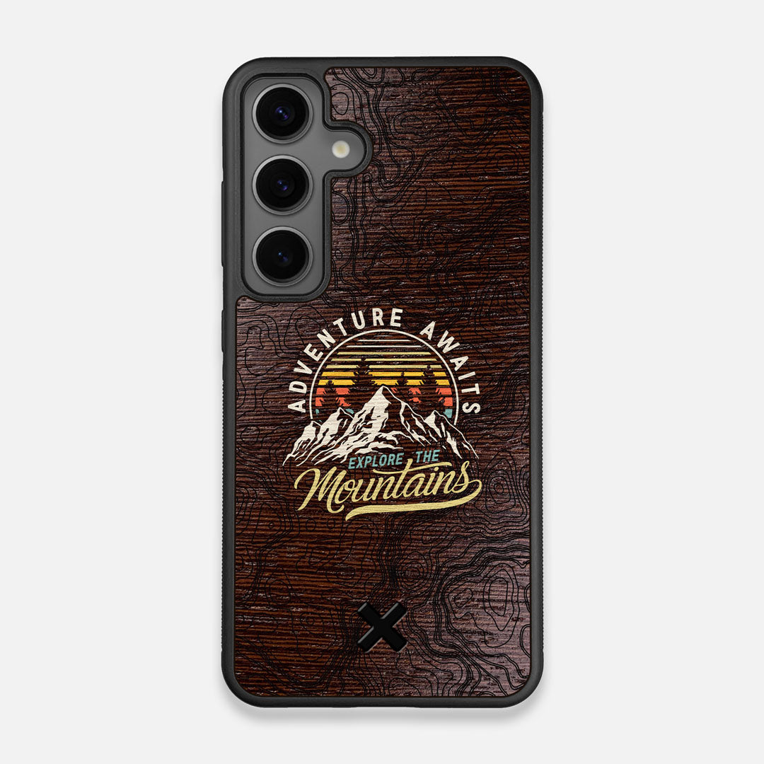 Front view of the crisp topographical map with Explorer badge printed on wenge wood Galaxy S24 Case by Keyway Designs
