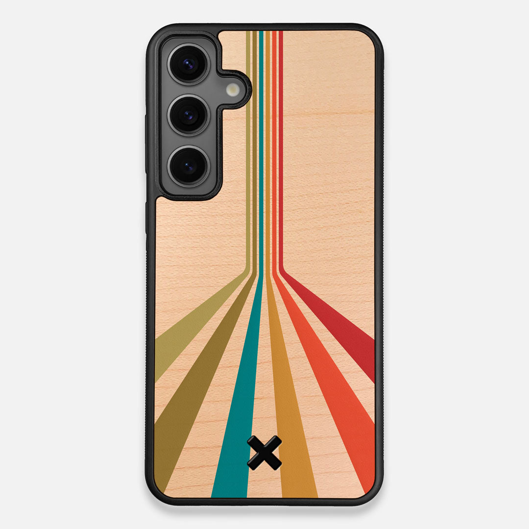 Front view of the array of colour beams splitting across the case printed on Maple wood Galaxy S24+ Case by Keyway Designs