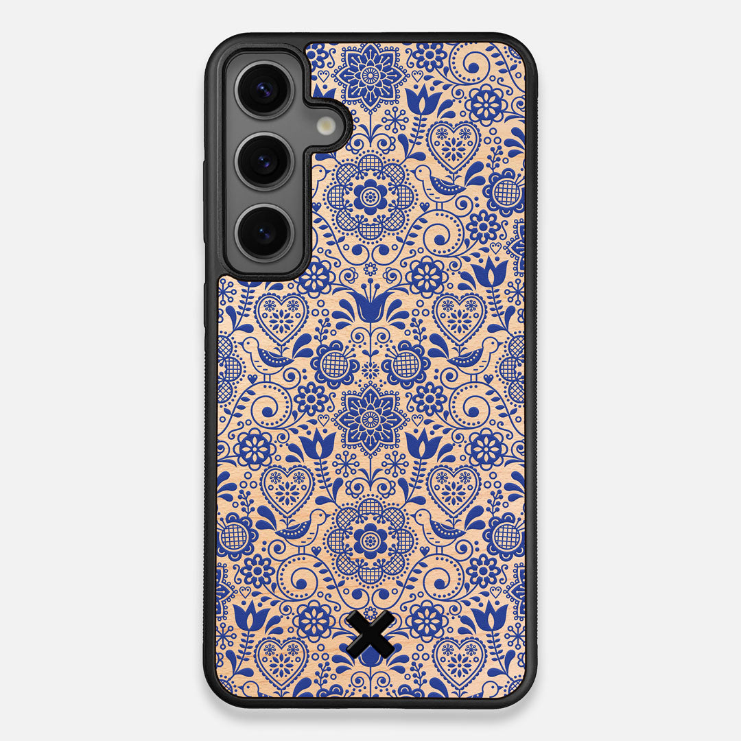 Front view of the blue floral pattern on maple wood Galaxy S24+ Case by Keyway Designs