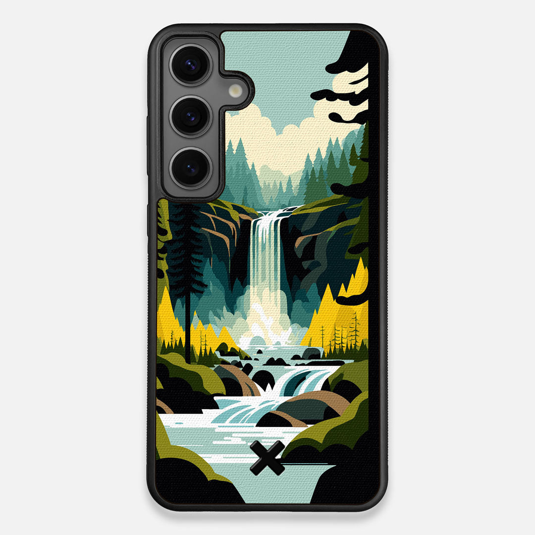 Front view of the stylized peaceful forest waterfall making it's way through the rocks printed to cotton canvas Galaxy S24+ Case by Keyway Designs
