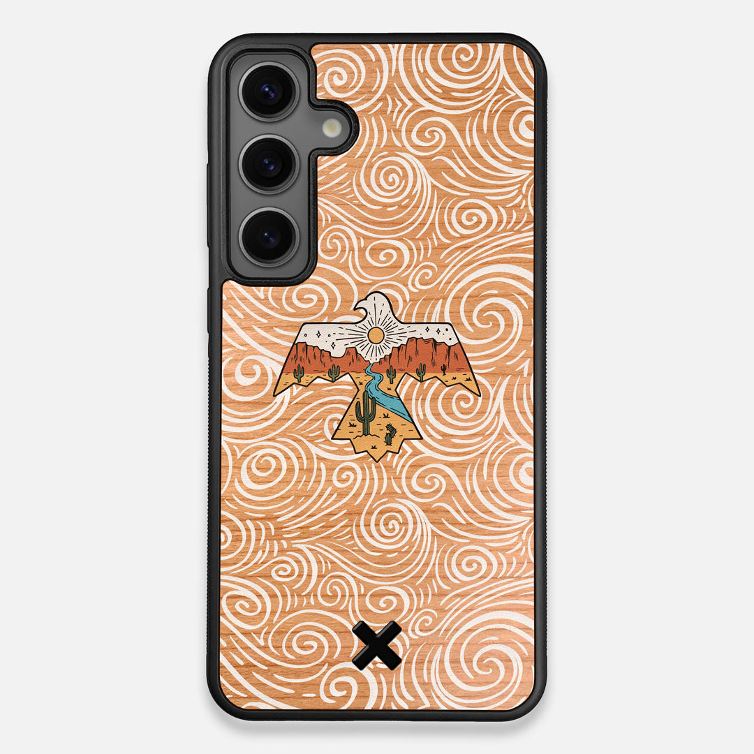 Front view of the double-exposure style eagle over flowing gusts of wind printed on Cherry wood Galaxy S24+ Case by Keyway Designs