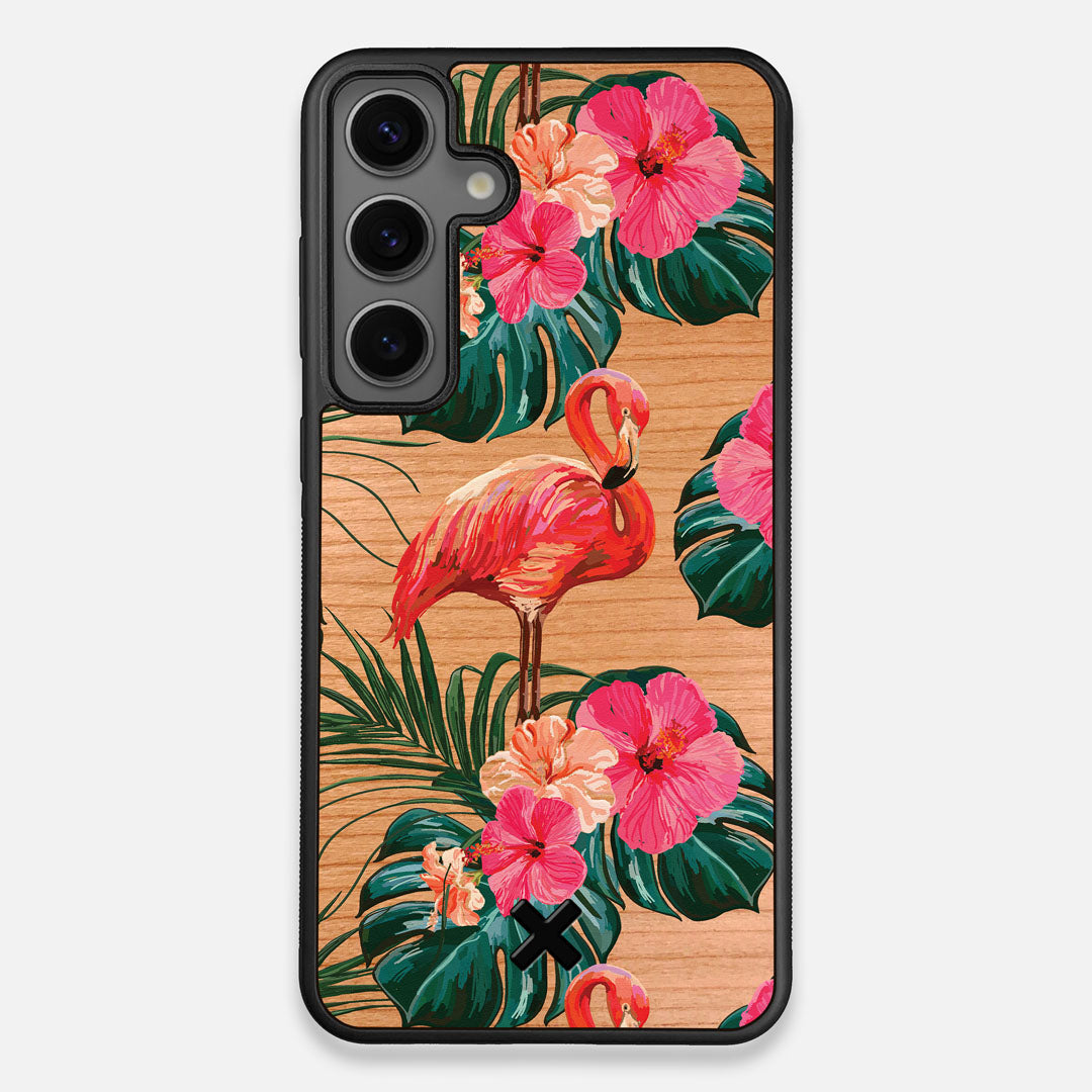 Front view of the Flamingo & Floral printed Cherry Wood Galaxy S24+ Case by Keyway Designs