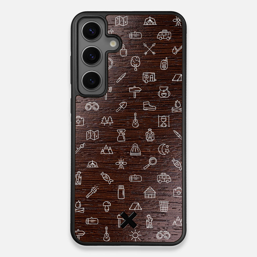 Front view of the fun detailed camping icon print on Wenge wood Galaxy S24+ Case by Keyway Designs