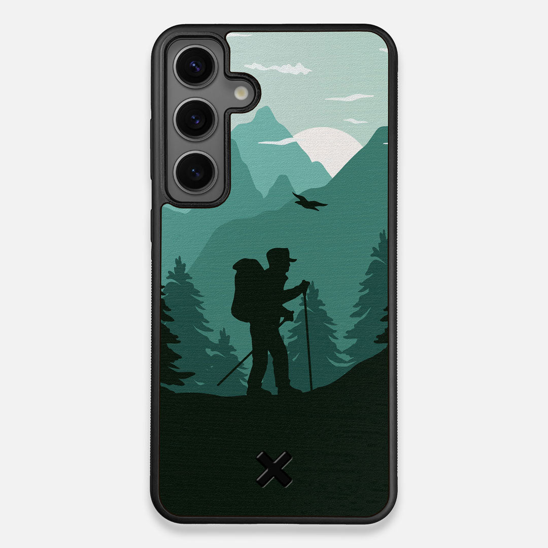 Front view of the stylized mountain hiker print on Wenge wood Galaxy S24+ Case by Keyway Designs