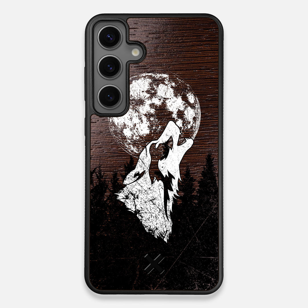 Front view of the high-contrast howling wolf on a full moon printed on a Wenge Wood Galaxy S24 Plus Case by Keyway Designs
