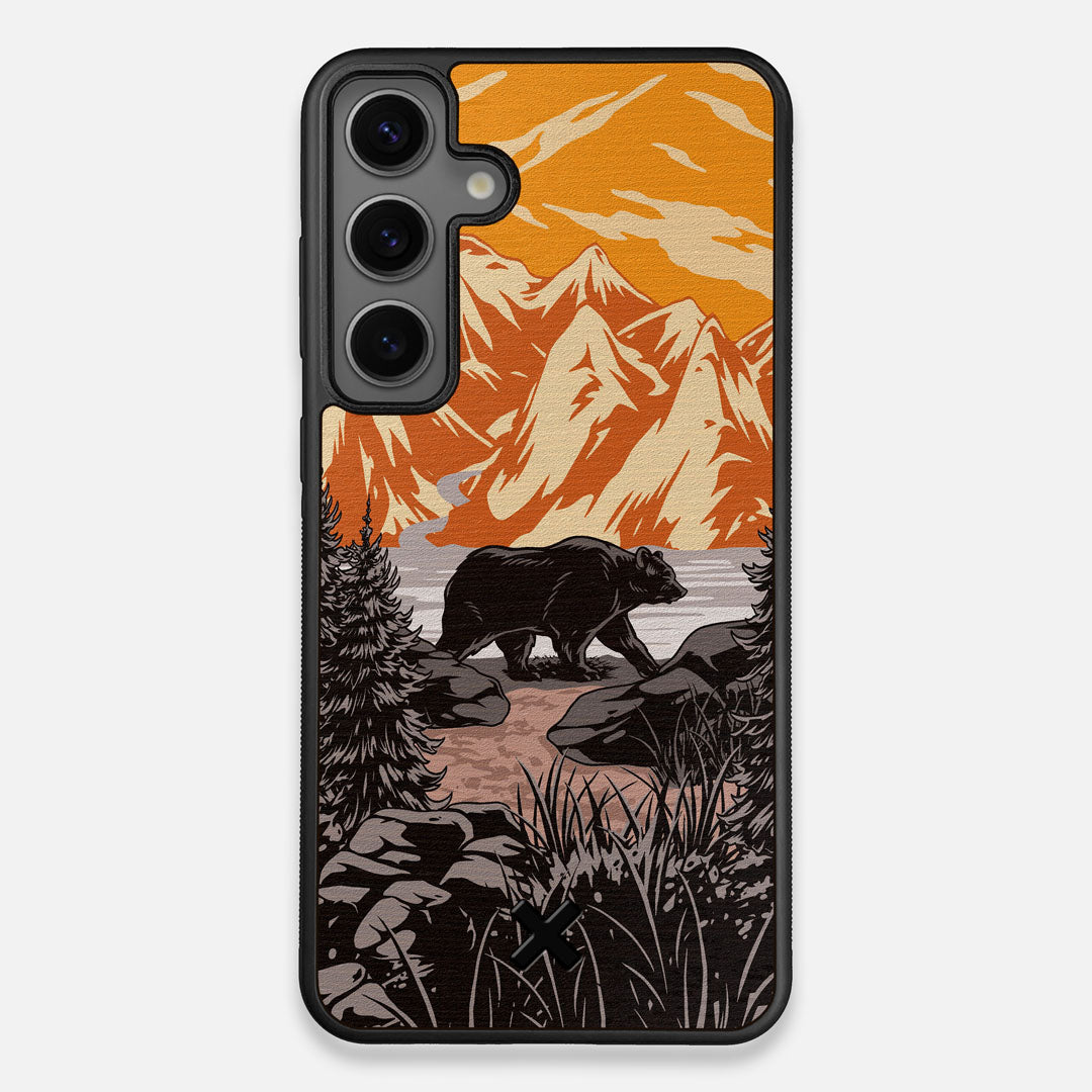 Front view of the stylized Kodiak bear in the mountains print on Wenge wood Galaxy S24+ Case by Keyway Designs