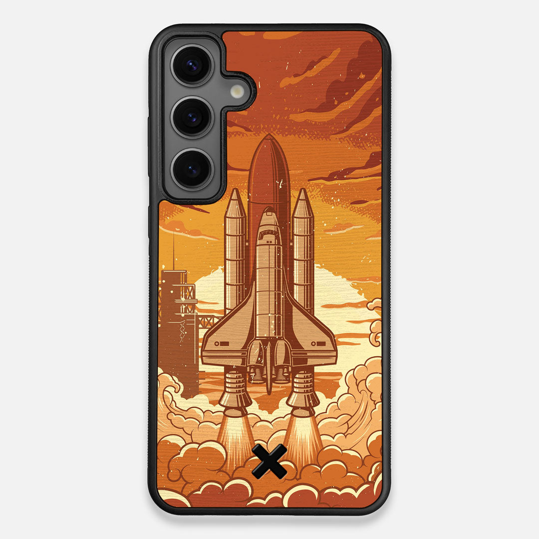 Front view of the vibrant stylized space shuttle launch print on Wenge wood Galaxy S24+ Case by Keyway Designs