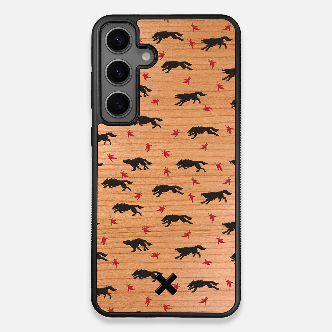 Front view of the unique pattern of wolves and Maple leaves printed on Cherry wood Galaxy S24+ Case by Keyway Designs