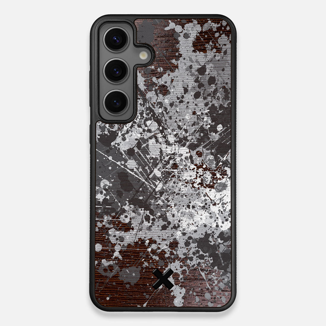 Front view of the aggressive, monochromatic splatter pattern overprintedprinted Wenge Wood Galaxy S24+ Case by Keyway Designs