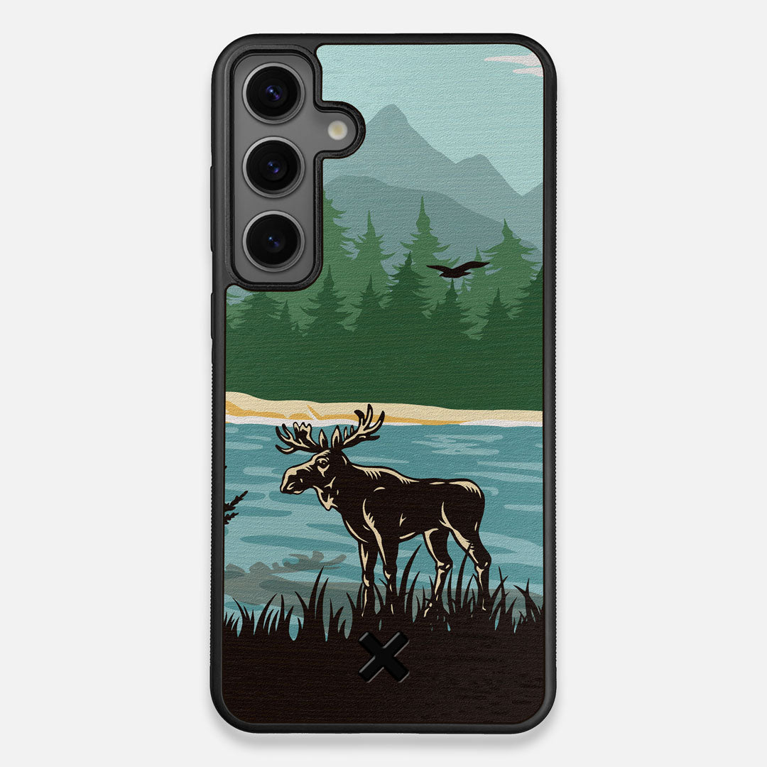 Front view of the stylized bull moose forest print on Wenge wood Galaxy S24+ Case by Keyway Designs