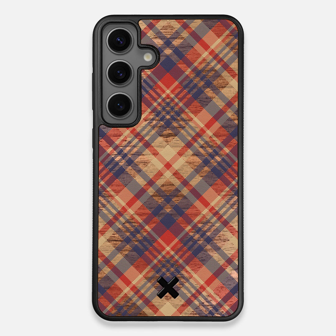 Front view of the Tartan print of beige, blue, and red on Walnut wood Galaxy S24+ Case by Keyway Designs