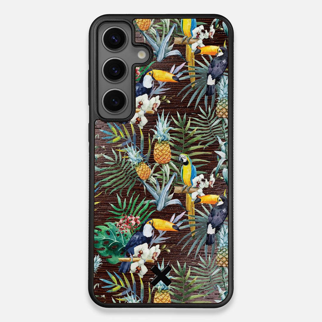 Front view of the Tropic Toucan and leaf printed Wenge Wood Galaxy S24+ Case by Keyway Designs