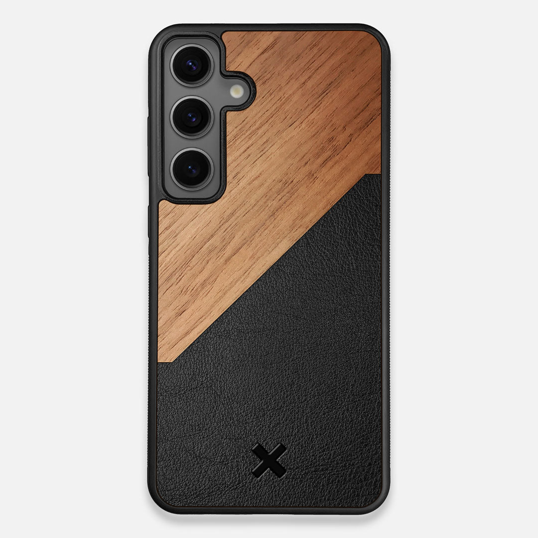 Front view of the Walnut Rift Elegant Wood & Leather Galaxy S24 Plus Case by Keyway Designs