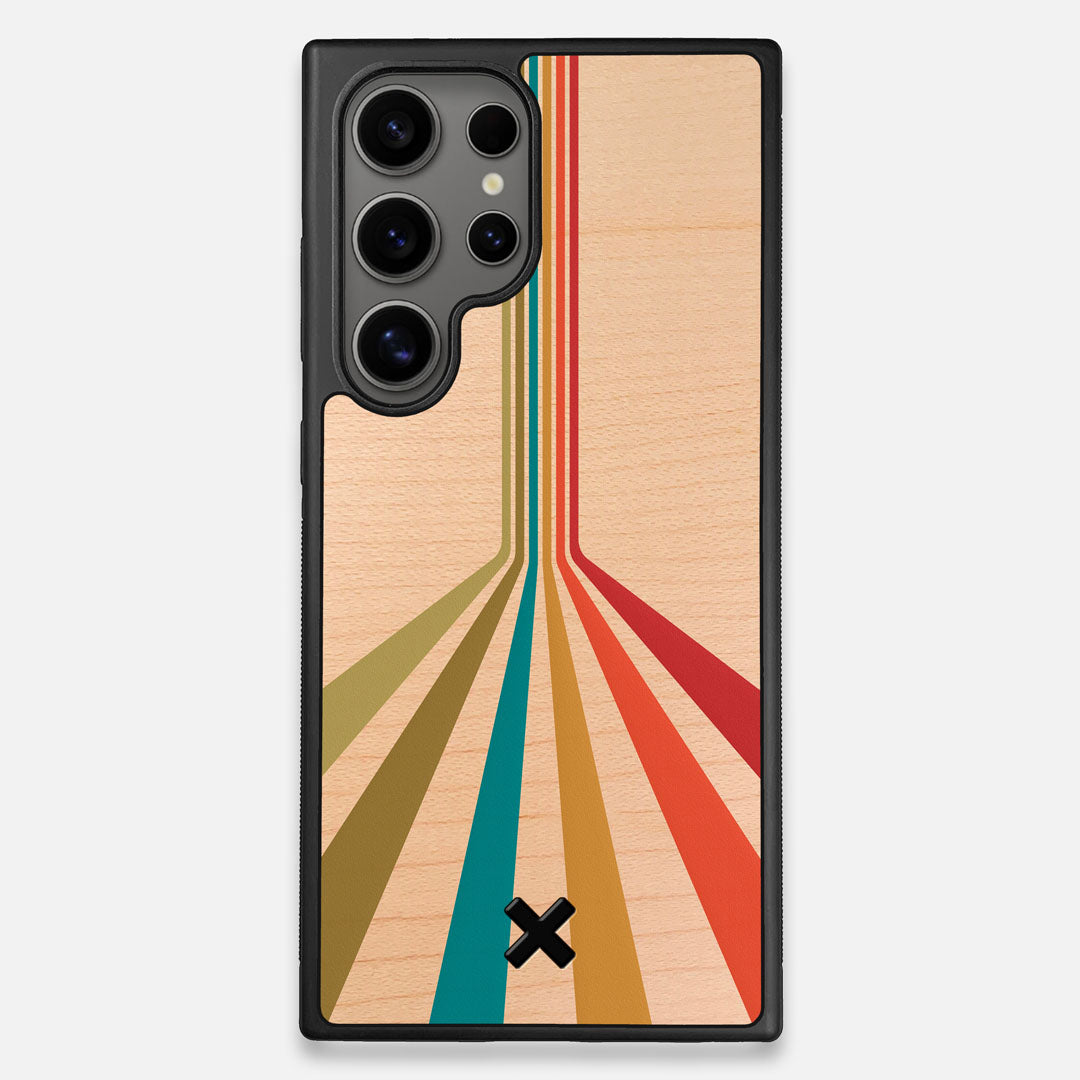 Front view of the array of colour beams splitting across the case printed on Maple wood Galaxy S24 Ultra Case by Keyway Designs