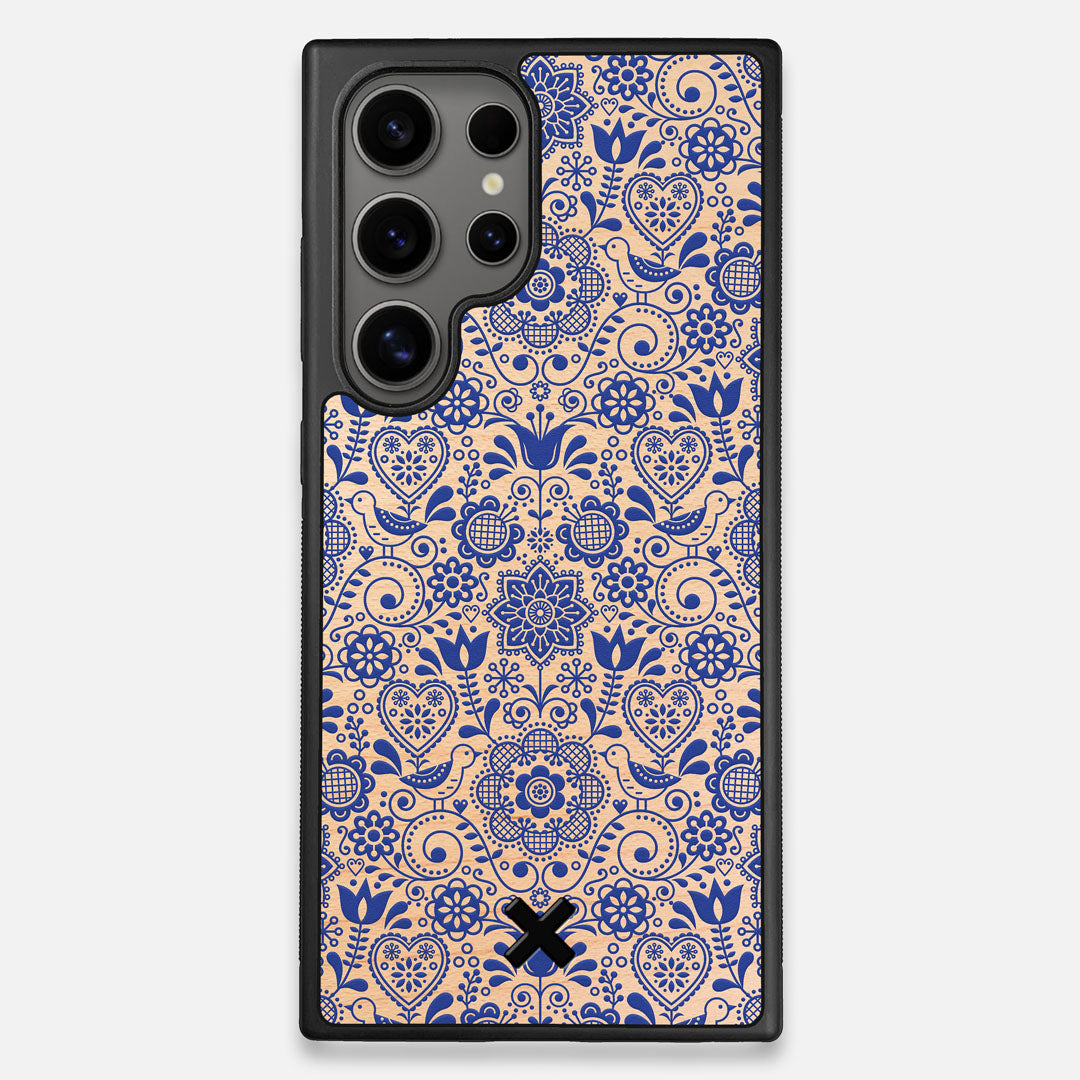 Front view of the blue floral pattern on maple wood Galaxy S24 Ultra Case by Keyway Designs