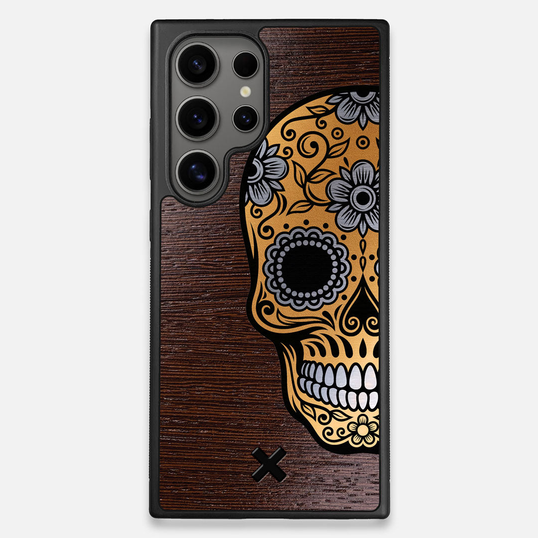 Front view of the Calavera Wood Sugar Skull Wood Galaxy S24 Ultra Case by Keyway Designs