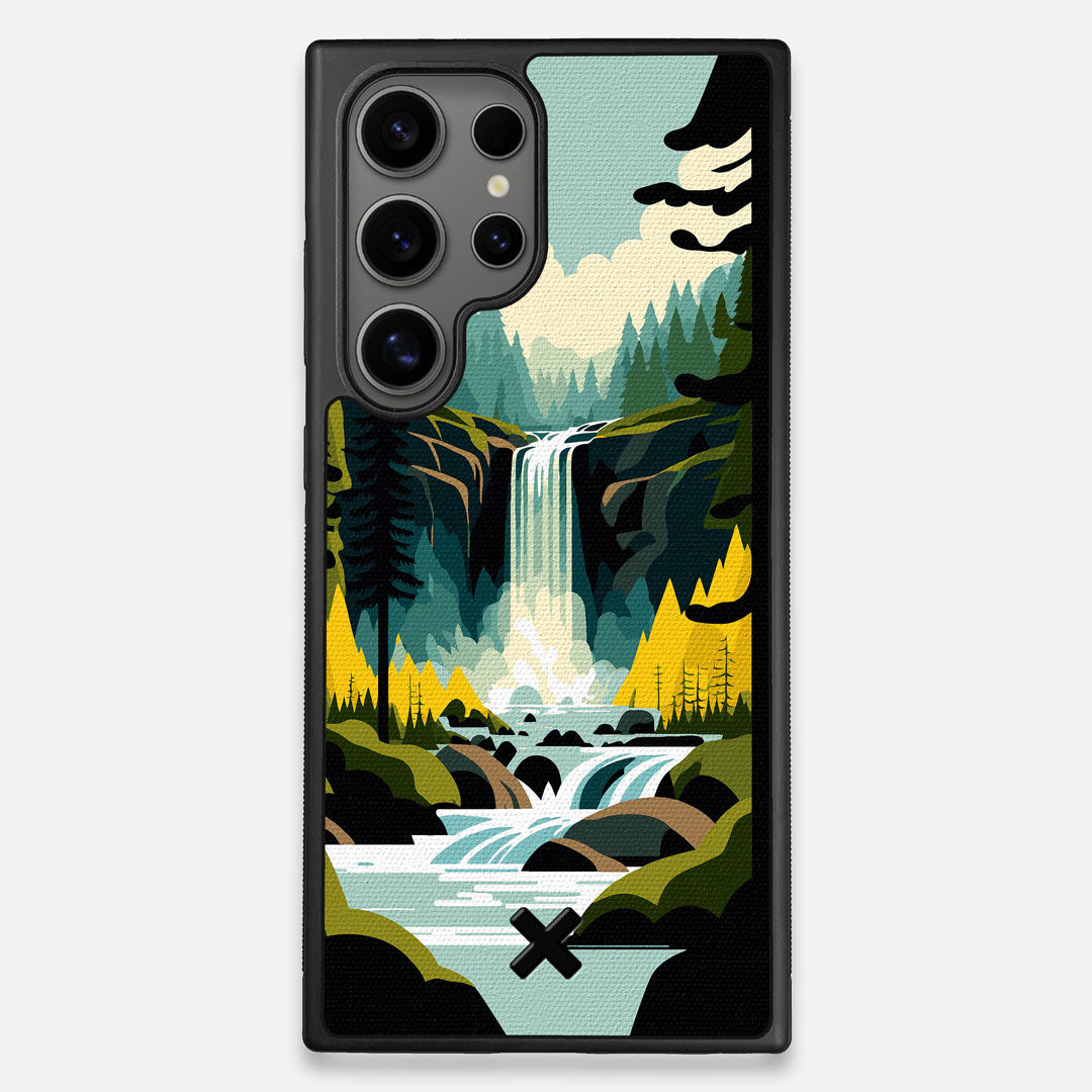 Front view of the stylized peaceful forest waterfall making it's way through the rocks printed to cotton canvas Galaxy S24 Ultra Case by Keyway Designs
