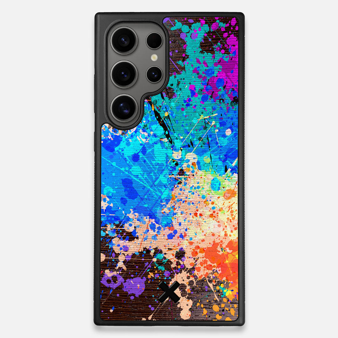 Front view of the realistic paint splatter 'Chroma' printed Wenge Wood Galaxy S24 Ultra Case by Keyway Designs