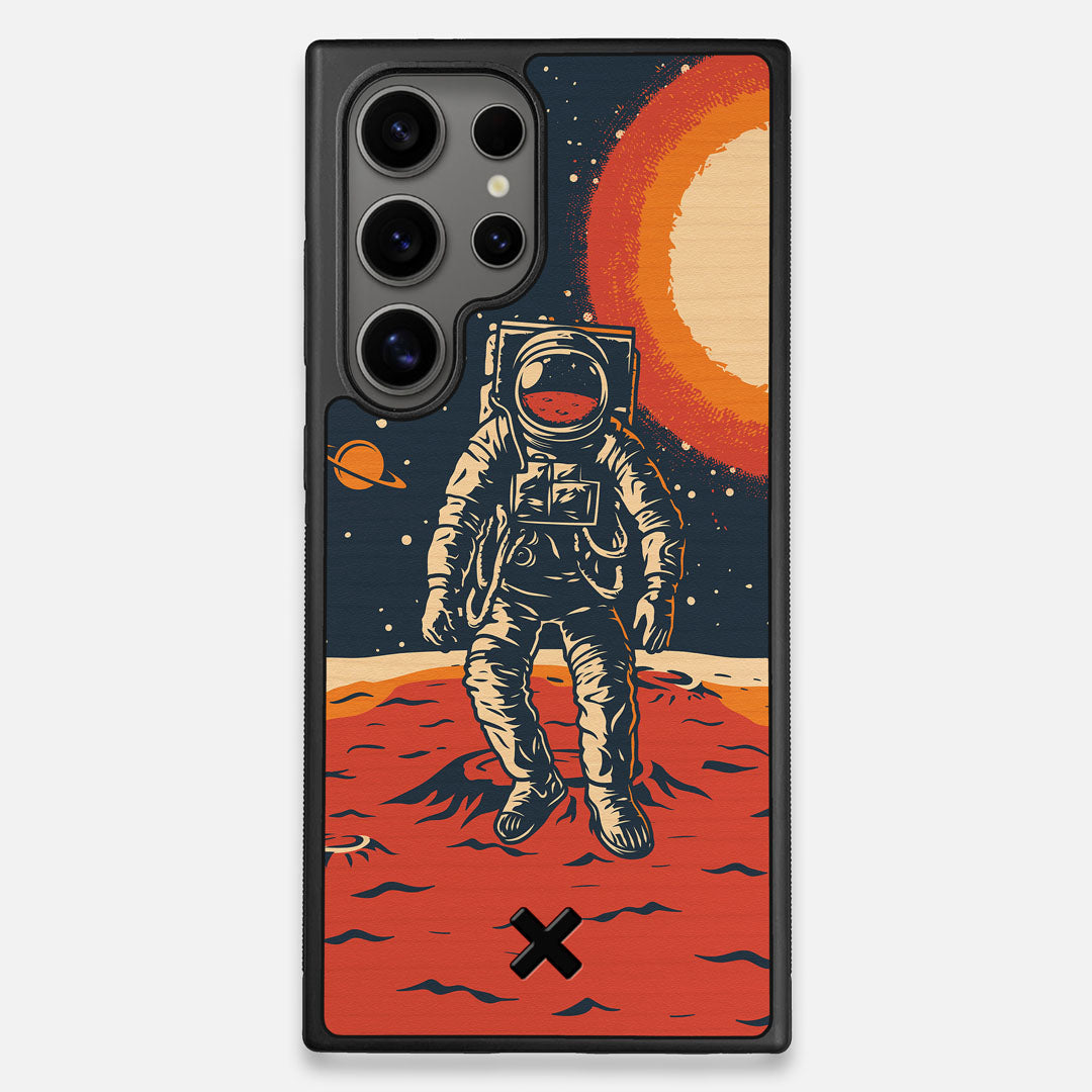 Front view of the stylized astronaut space-walk print on Cherry wood Galaxy S24 Ultra Case by Keyway Designs