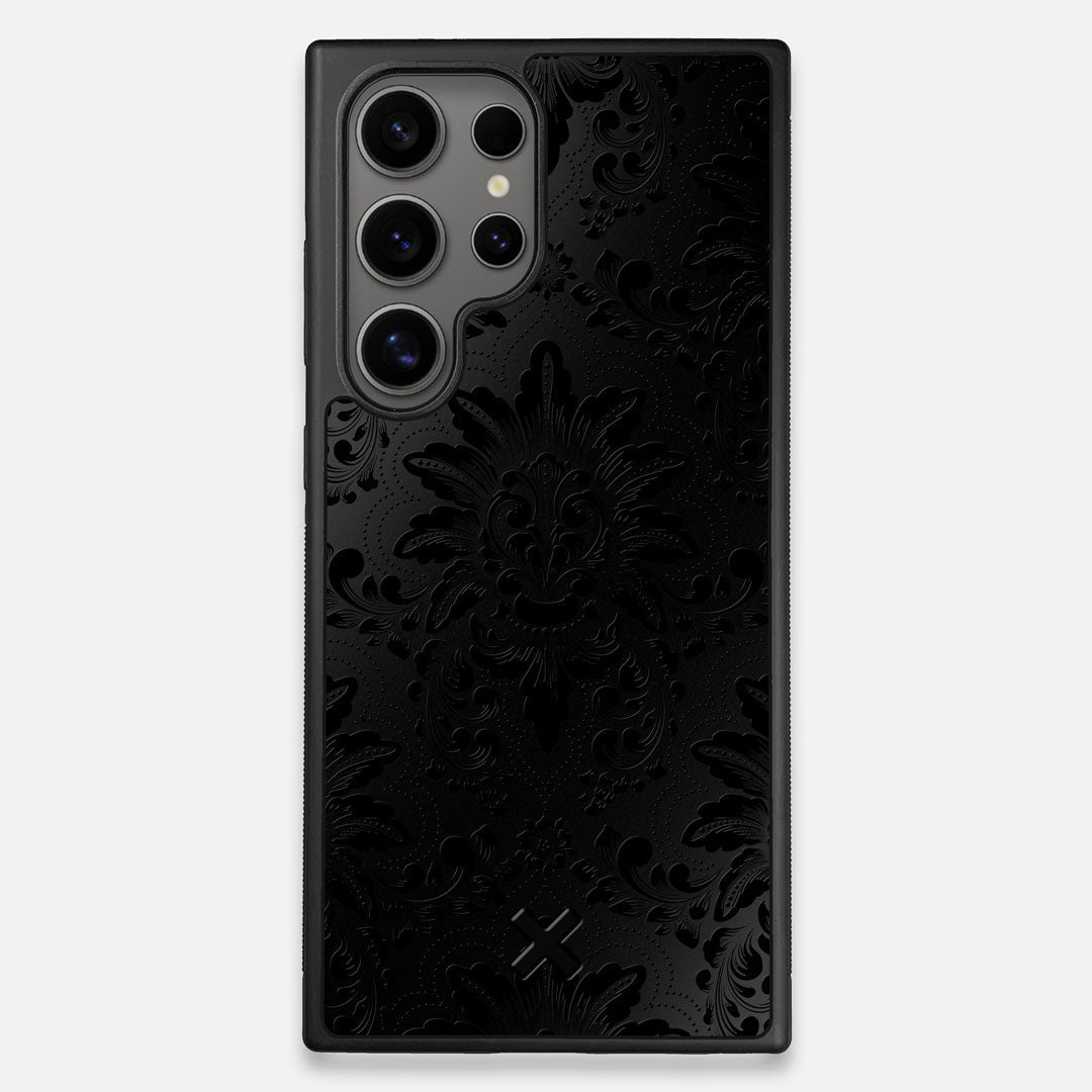 Front view of the detailed gloss Damask pattern printed on matte black impact acrylic Galaxy S24 Ultra Case by Keyway Designs