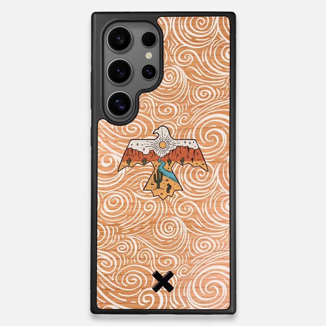 Front view of the double-exposure style eagle over flowing gusts of wind printed on Cherry wood Galaxy S24 Ultra Case by Keyway Designs